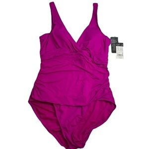 Lauren Ralph Lauren Magenta Beach Club Solid Twist One Piece Swim Suit 14 New
